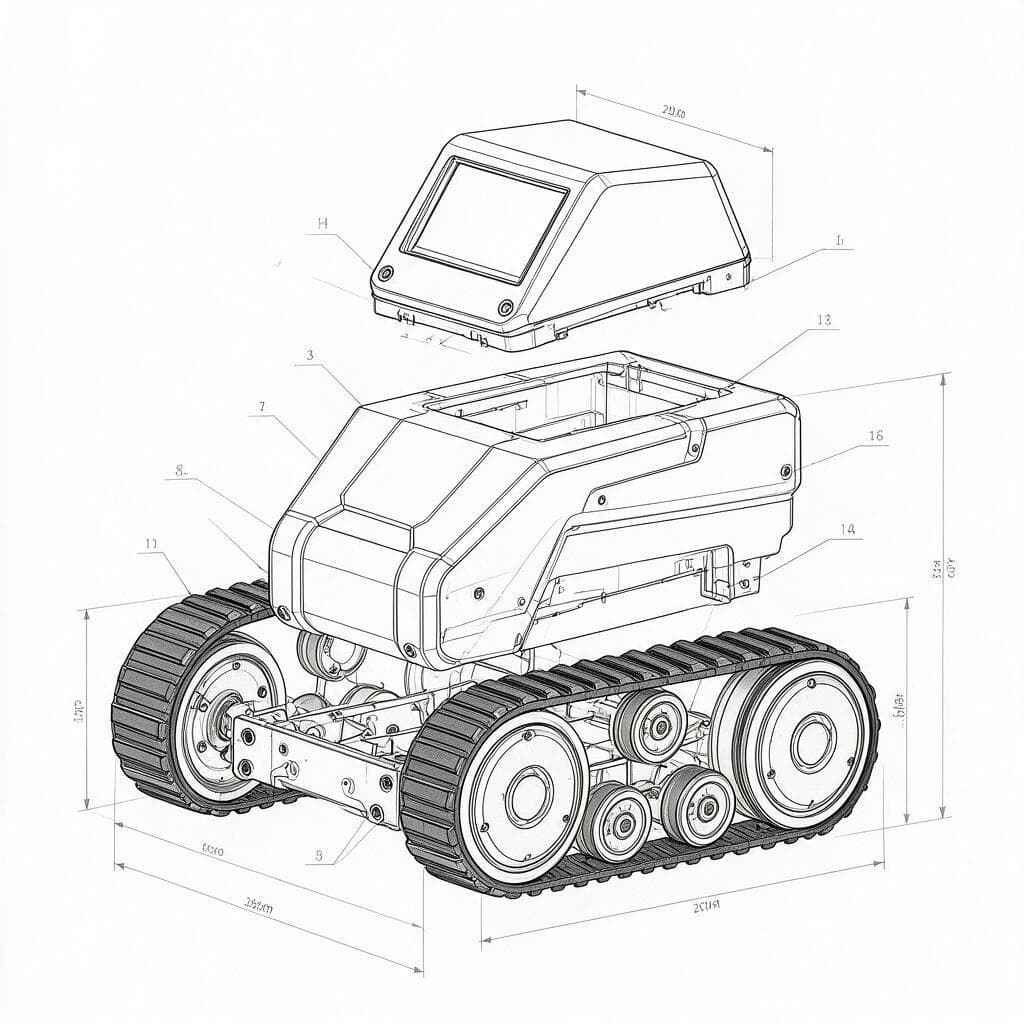 Engineering drawing — the display head lifts cleanly off the tracked base, so the two halves can be built and iterated separately.