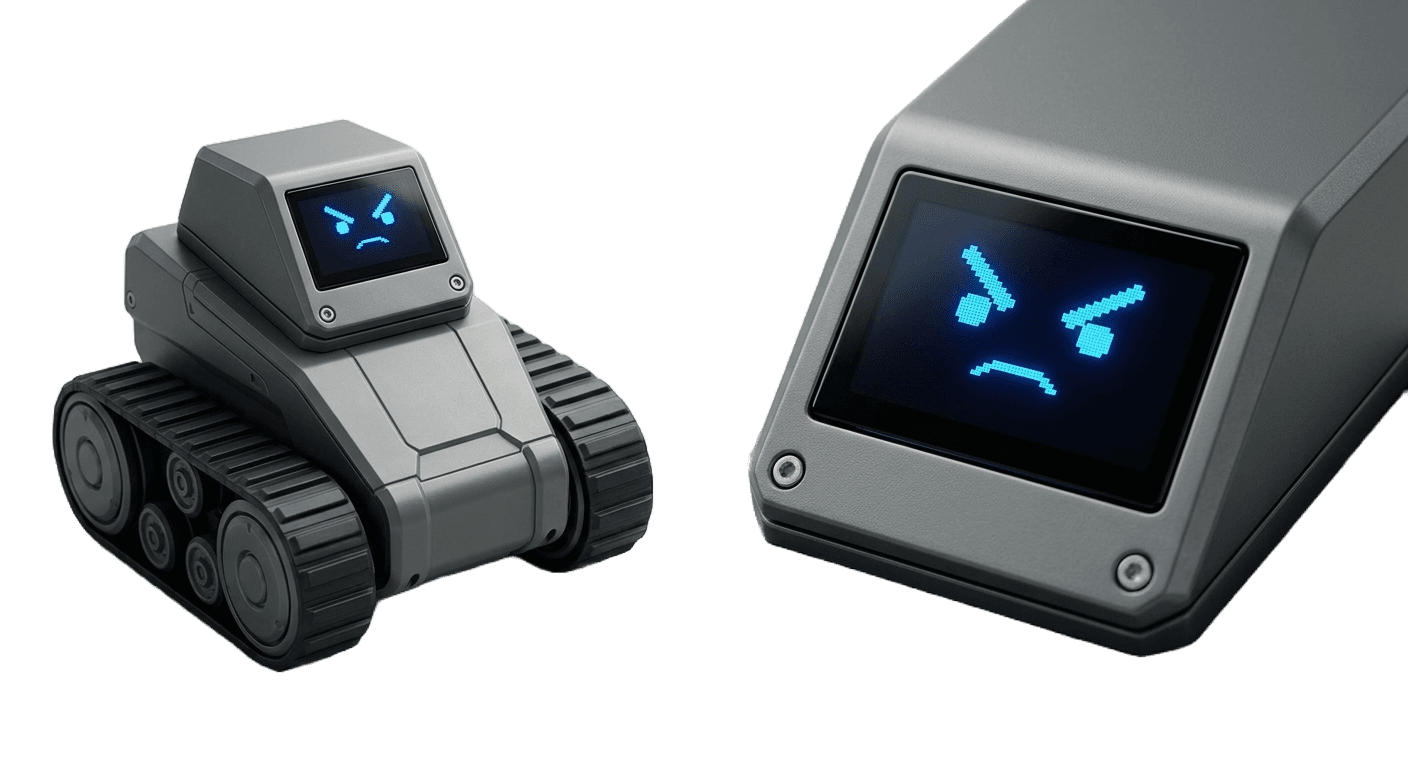 Concept render — the tracked drive base and the display head that gives Gizmo its face.