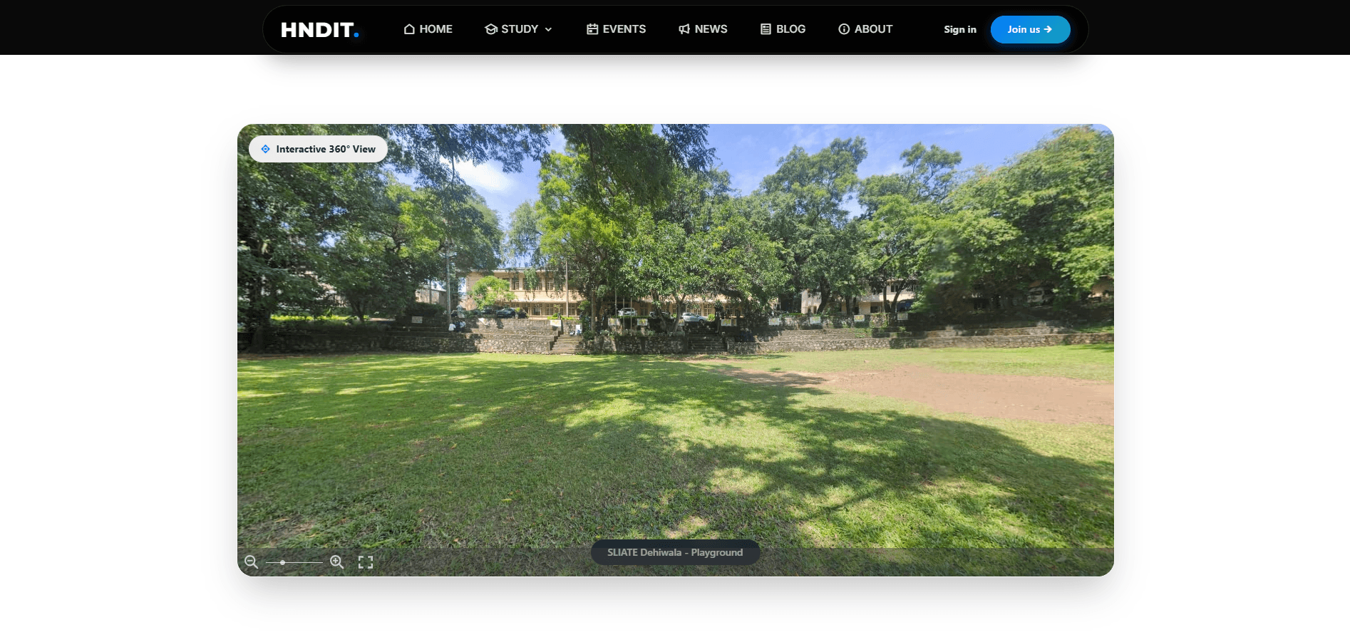 An interactive 360° view of the SLIATE Dehiwala grounds — prospective students can walk the campus before they ever visit it.