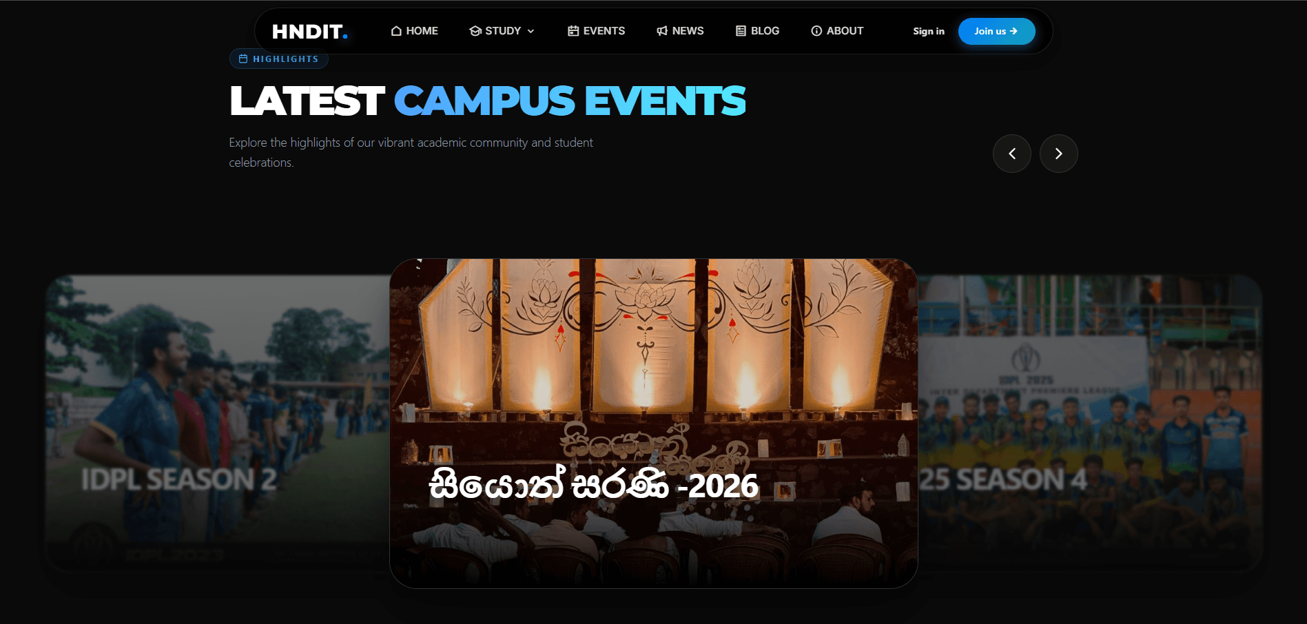 The campus events carousel — sports seasons and cultural celebrations, because a programme is more than its syllabus.