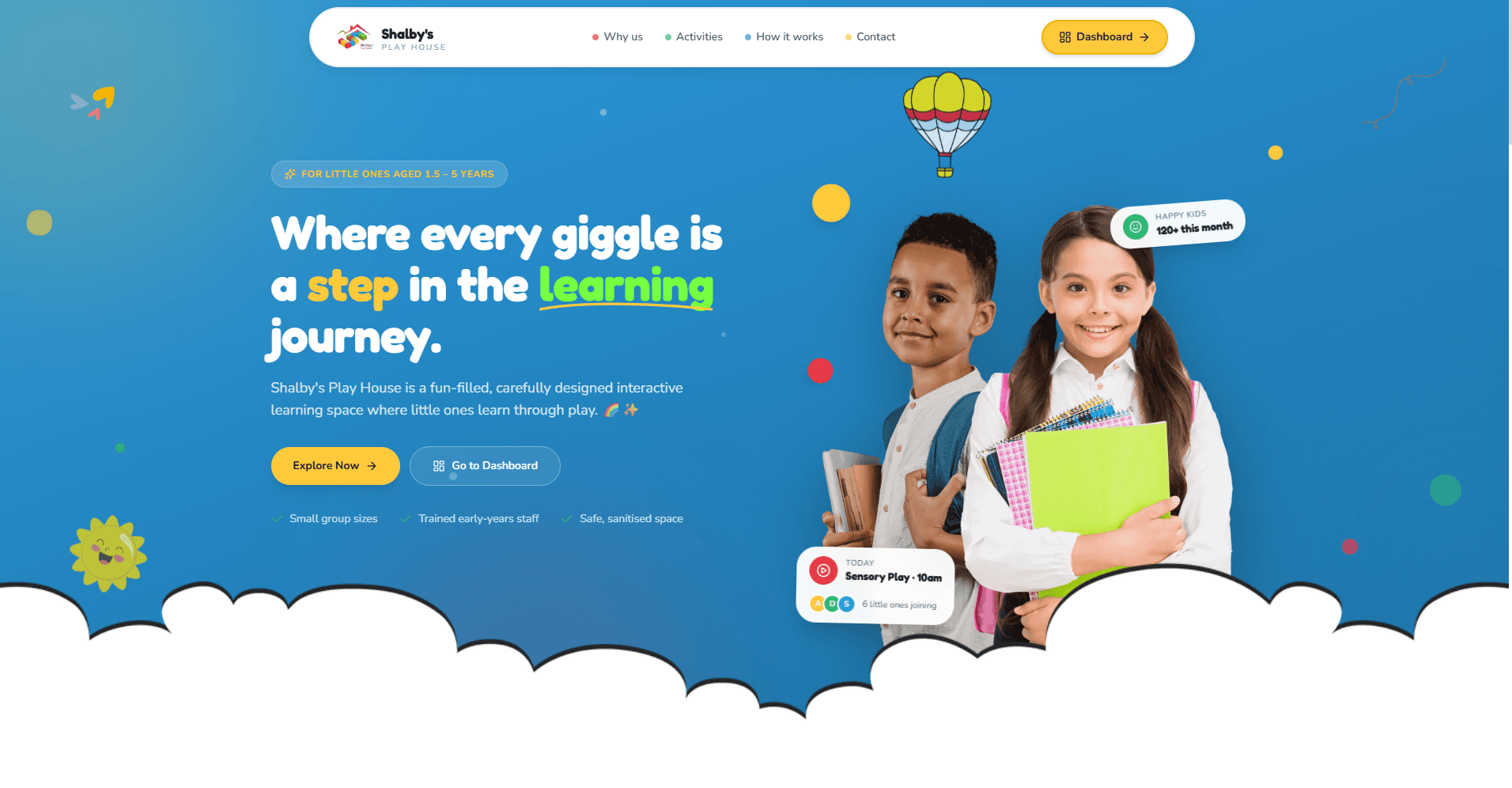 The public landing page — playful and parent-facing, with the booking dashboard one click away.