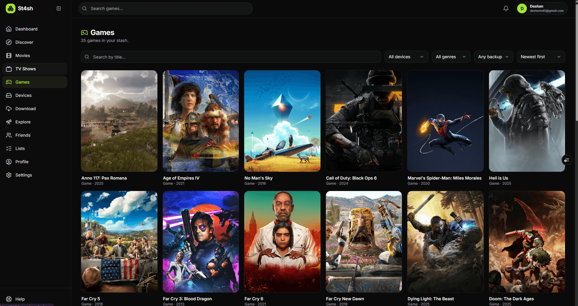 The games shelf — 35 titles with cover art, filterable by device, genre, and backup state.